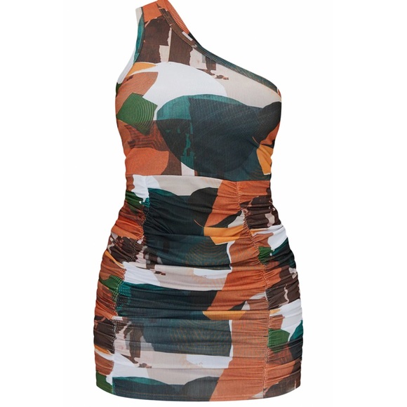 Orange Abstract Print Ribbed One Shoulder Ruched Skirt Bodycon Dress - Picture 1 of 3